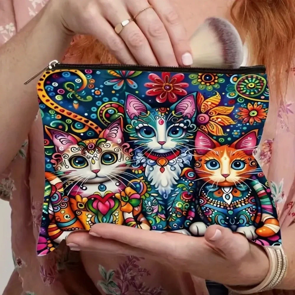 Henna Painted Cat Print Zipper Cosmetic Pouch